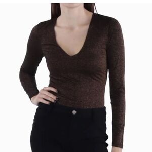 Abercrombie & Fitch Copper Metallic Brown Fitted V neck Long sleeve Bodysuit Top